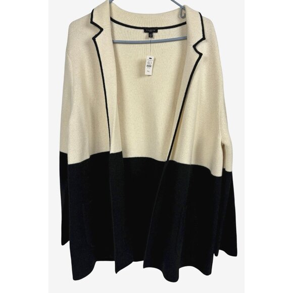 NWT Talbots Cardigan Sweater PXL Long Wool Blend Open Cream Black Colorblock - Picture 2 of 7